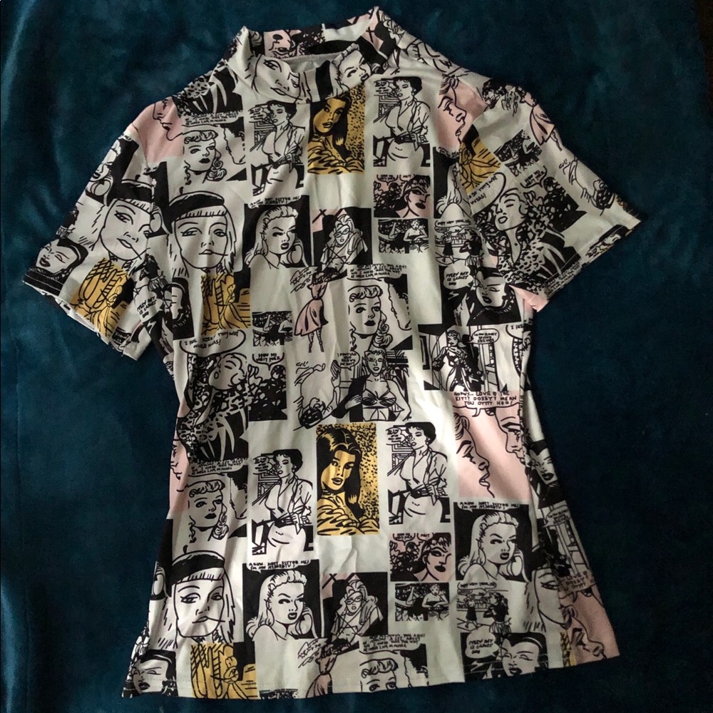 SHEIN Color Pop Comic Panel Mock Neck Blouse Sz M